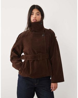 Gina Tricot Faux Suede Funnel Neck Short Trench - Brown