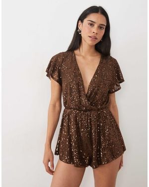 Miss Selfridge Sequin Batwing Sleeve Playsuit - Brown