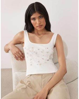 Miss Selfridge Embellished Rib Square Neck Top - Natural