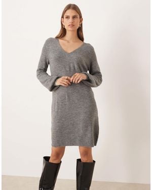 Jdy V Neck Balloon Sleeve Knitted Mini Dress - Grey