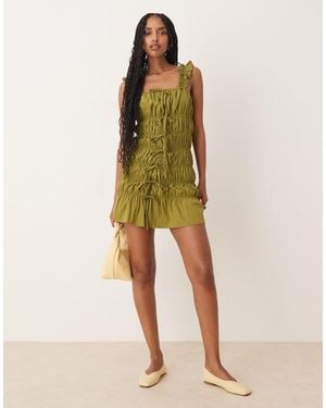 Daisy Street Ruched Tie Detail Mini Dress - Green