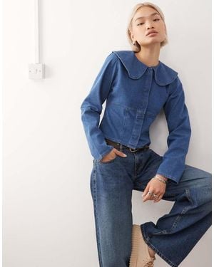 Reclaimed Vintage Denim Peter Pan Collar Long Sleeve Top - Blue