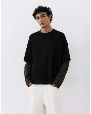 Pull&Bear T-Shirt A Maniche Lunghe Doppia Nera - Nero