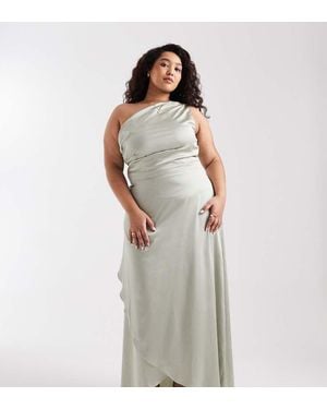 Tfnc Plus Bridesmaid Satin One Shoulder Wrap Skirt Maxi Dress - Grey