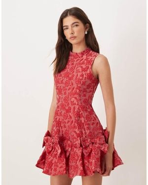 Sister Jane Exclusive Jacquard Sleeveless Cinched Waist Bow Hem Mini Dress - Red