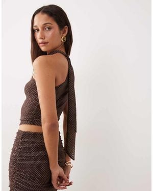 The Frolic Exclusive Mesh Overlay Asymmetric Shoulder Scarf Wrap Around Detail Top Co-Ord - Brown