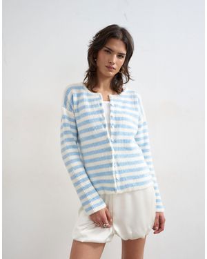 TOPSHOP Gilet décontracté en maille côtelée légère à rayures - bleu et écru - Blanc