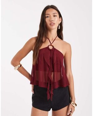 Miss Selfridge O Ring Ruffle Split Front Top - Red