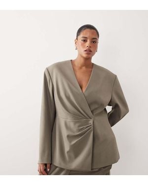 ARRANGE Curve Cinched Collarless Pleated Wrap Blazer - Brown