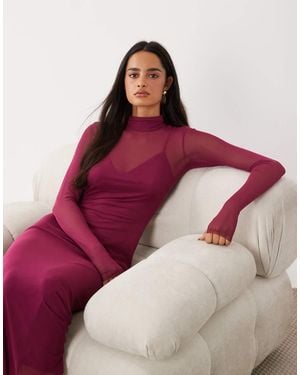 AFRM Vestido Midi De Manga Larga Con Cuello Vuelto De Malla Y Forro Tipo Camisola En-Morado - Rojo