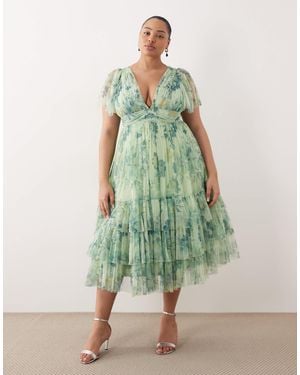 Lace & Beads Plus Madison Tulle Flutter Sleeve Plunge Neck Midi Dress - Green