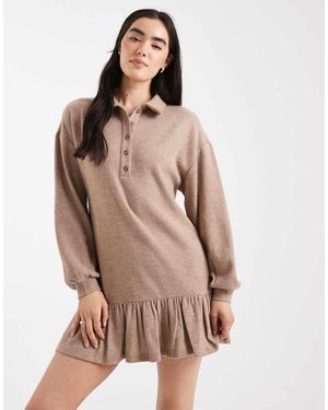 Miss Selfridge Vestito Maglia Color Cammello Spazzolato A Coste Con Colletto - Neutro