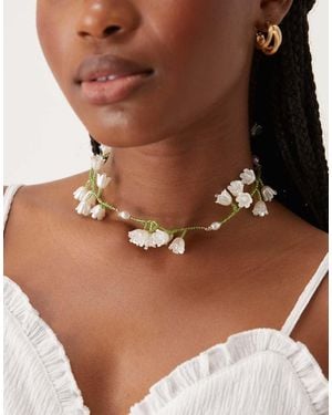 ASOS Short Necklace With Beaded Floral Design - Brown