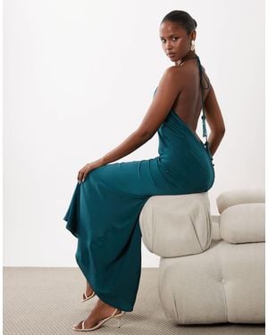 ASOS Satin Halter Neck Maxi Dress With Beaded Tassel Detail - Blue