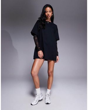 Fashionkilla Exclusive Cotton Lace Sleeve Mini T-shirt Dress - Blue