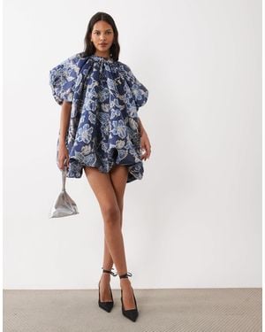 Sister Jane Aquilla Jacquard High Neck Puff Sleeve Bubble Hem Mini Dress - Blue