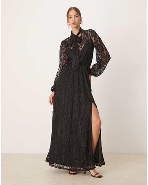 Maya Tie Neck Long Sleeve Lace Maxi Dress - Black