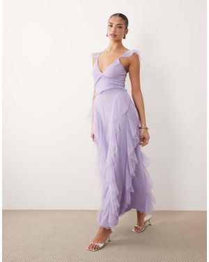 LACE & BEADS Tulle Flutter Sleeve Ruffle Maxi Dress - Pink