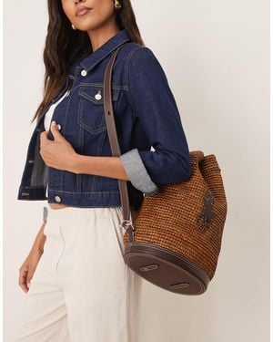 Polo Ralph Lauren Raffia Bucket Bag With Contrast Pony Player Logo - Blue
