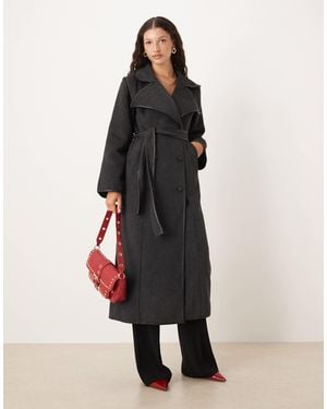 SNDY'S Wool Look Faux Leather Trim Collared Belted Double Breasted Maxi Coat - Multicolor