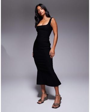Vesper Petite Bengaline Sleeveless Square Neck Fishtail Midi Dress - Black