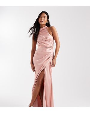 TFNC London Bridesmaid Satin Halter Neck Wrap Skirt Maxi Dress - Pink