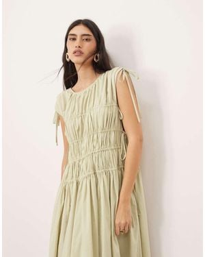 ARRANGE Clean Cotton Drawstring Detail Trapeze Midi Dress With Pockets - Natural