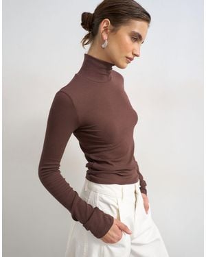 TOPSHOP Premium Rib Knit Funnel Neck Long Sleeve Top - Brown
