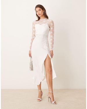 Y.A.S Long Sleeve Lace Underlay Cami Satin Dress - Natural