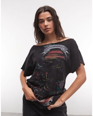 Ed Hardy T-shirt mit carmen-ausschnitt und fliegenden kranichen - Schwarz