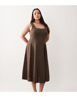 Vila Curve Square Neck Linen-touch Midi Dress - Brown