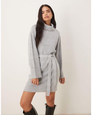 Vila Tie Waist High Neck Knit Mini Dress - Grey