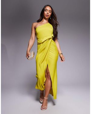ASOS One Shoulder Satin Knot Detail Midi Dress - Yellow