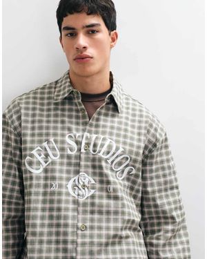 ASOS Oversized Check Shirt With Curved Step Hem And Placement Print - Grey