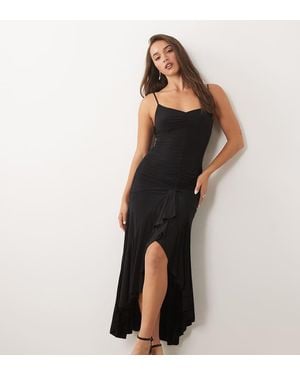 Fashionkilla Exclusive Double Sculpted Slinky Cami Ruffle Front High Low Maxi Dress - Black