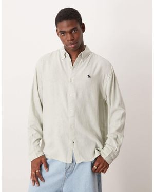 Abercrombie & Fitch Long Sleeve Icon Logo Linen Shirt - Natural