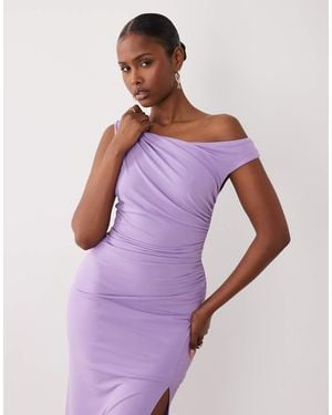 TFNC London Slinky Fallen Shoulder Thigh Split Midaxi Dress - Purple