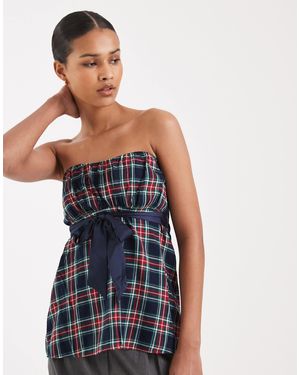 Hollister Top bustier babydoll à carreaux écossais style années 2000 - Bleu