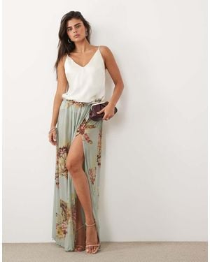 ASOS Maxi Rok Van Mesh Met Print En Paperbag-Taille - Naturel