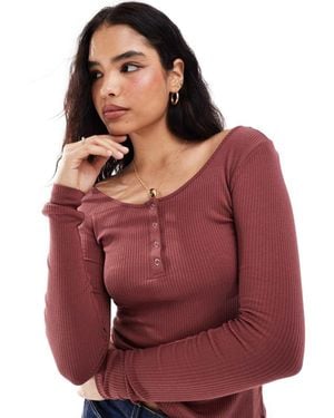 Pieces Ribbed Popper Front Long Sleeve Top - Red