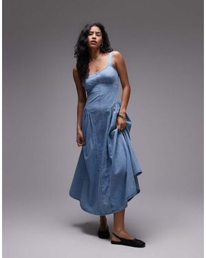 TOPSHOP Denim Dropped Waist Seamed Midi Dress - Blue