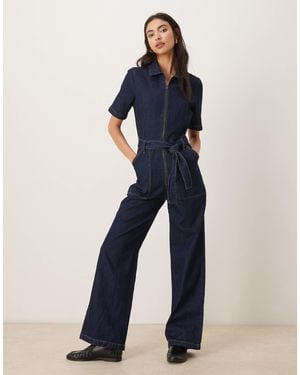 Mango 100% Cotton Belted Short Sleeve Denim Jumpsuit - Blue