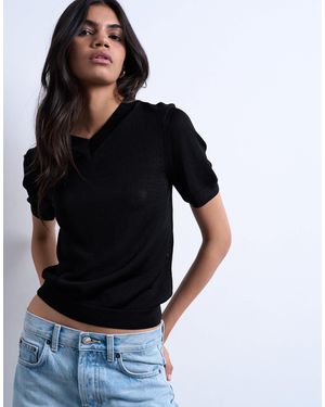 TOPSHOP Slinky Knitted V Neck Top - Black