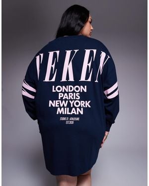 ASOS Weekend Collective Curve Icon Oversized Long Sleeve T-shirt Dress With Stacked Back Logo - Blue