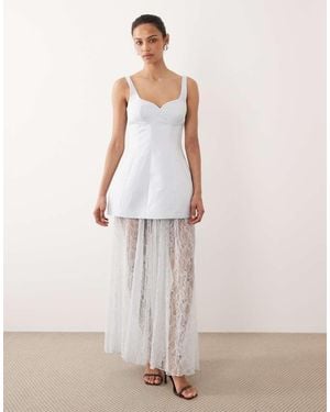 Six Stories Satin Sweetheart Neck Structured Lace Skirt Maxi Dress - White