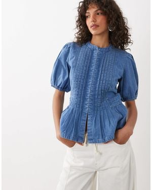 Nobody's Child Tillie Denim Crew Neck Pleat Front Hook And Eye Peplum Top - Blue