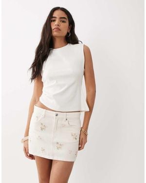 Mango 100% Cotton Embroidered Denim Mini Skirt - Natural