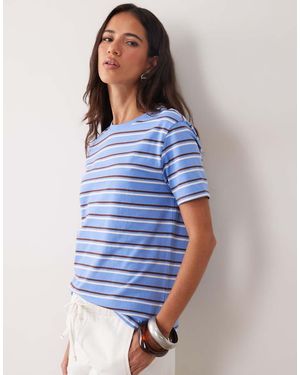 Mango 100% Katoenen T-Shirt Met Blauwe En Bruine Strepen