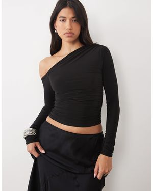 Kaiia Exclusive Double Layered Slinky Off Shoulder Long Sleeve Top - Blue