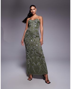 Beauut Vestido Largo Sin Tirantes Estilo Corsé Con Abertura En La Parte Trasera Y Diseño Con Abalorios De -Verde - Gris
